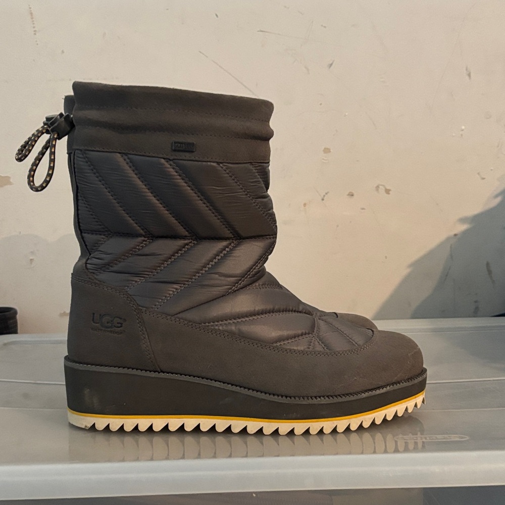 UGG Women's Quilted Gray Winter Rain Boots with Yellow Accent